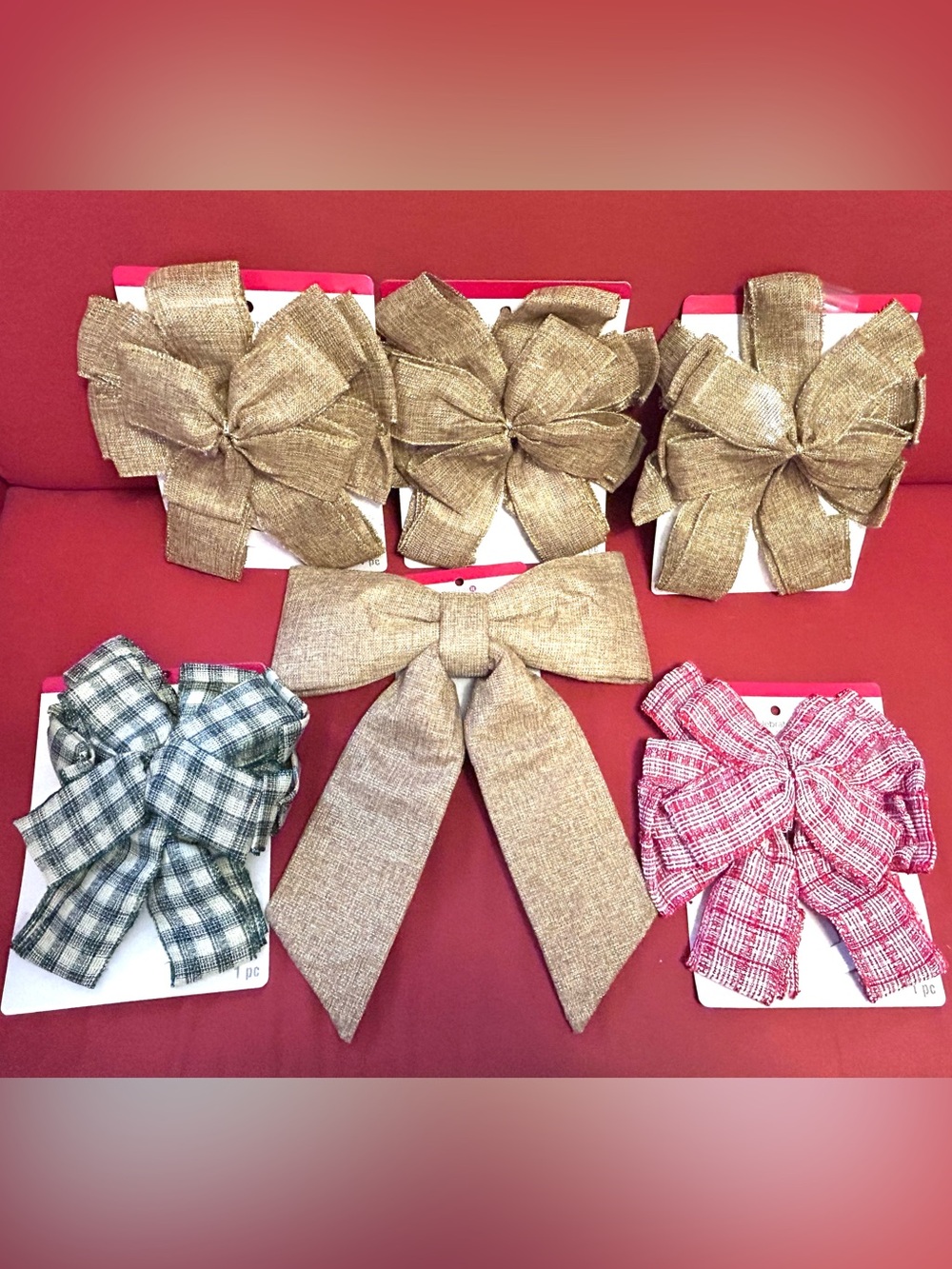 Bow Bundle 6 NWP Burlap look gingham check plaid glitter tan red green white wir